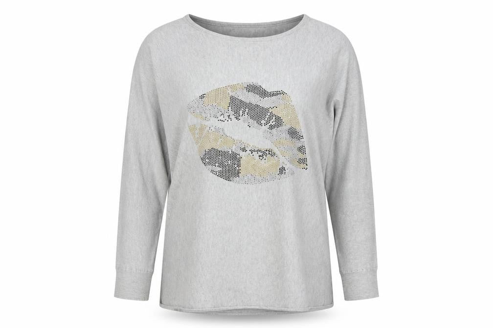 QED London Womens Grey Viscose Basic Blouse Size S Boat Neck - Lips Motif