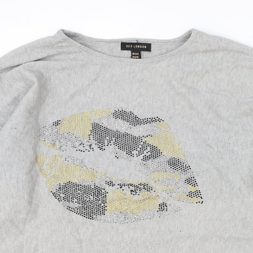 QED London Womens Grey Viscose Basic Blouse Size S Boat Neck - Lips Motif