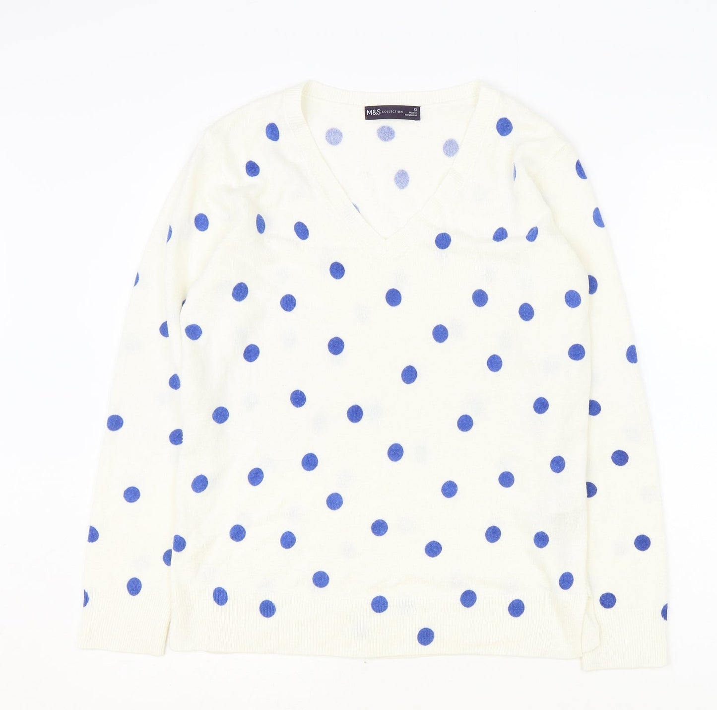 Marks and Spencer Womens Ivory V-Neck Polka Dot Acrylic Pullover Jumper Size 12