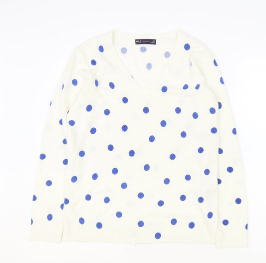 Marks and Spencer Womens Ivory V-Neck Polka Dot Acrylic Pullover Jumper Size 12