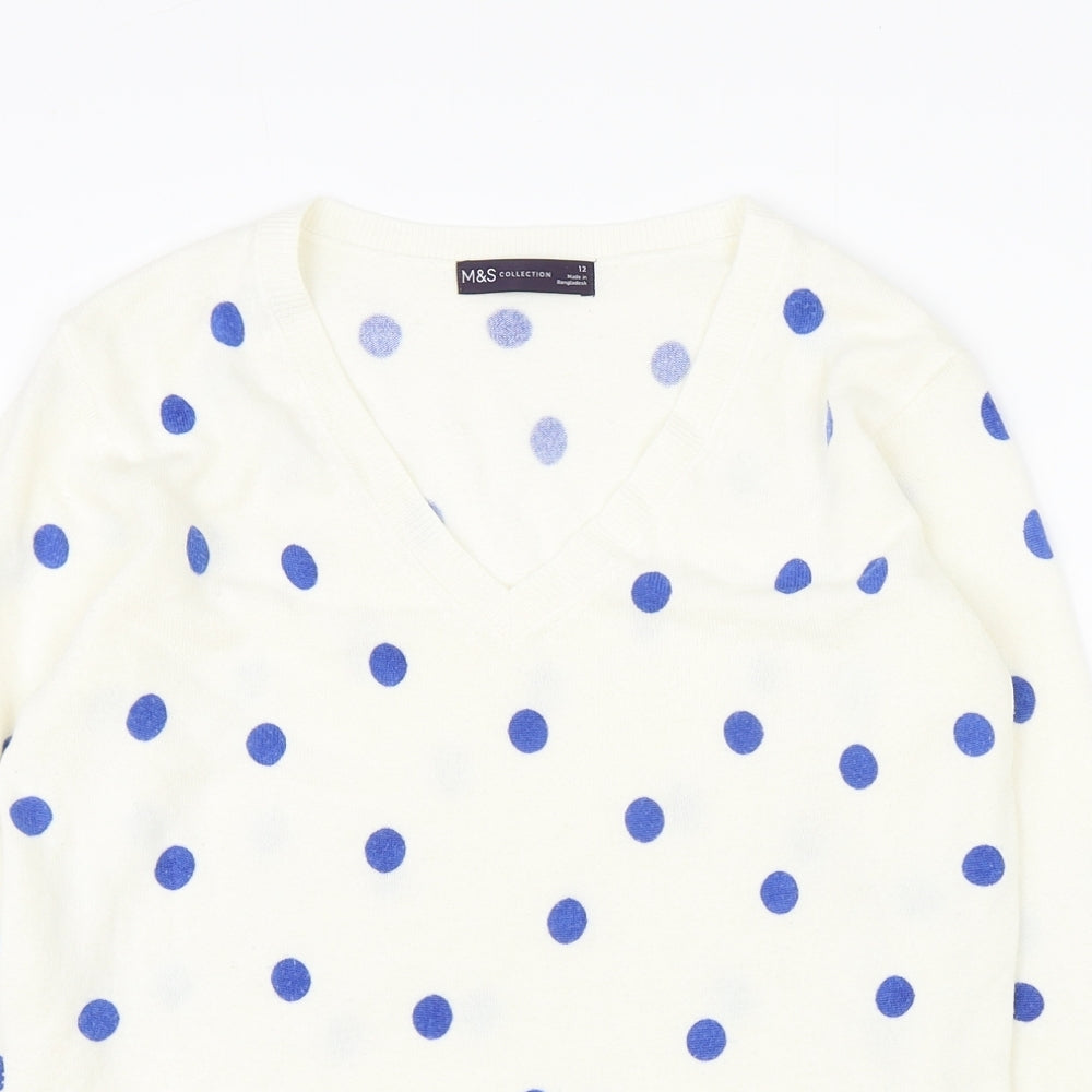 Marks and Spencer Womens Ivory V-Neck Polka Dot Acrylic Pullover Jumper Size 12