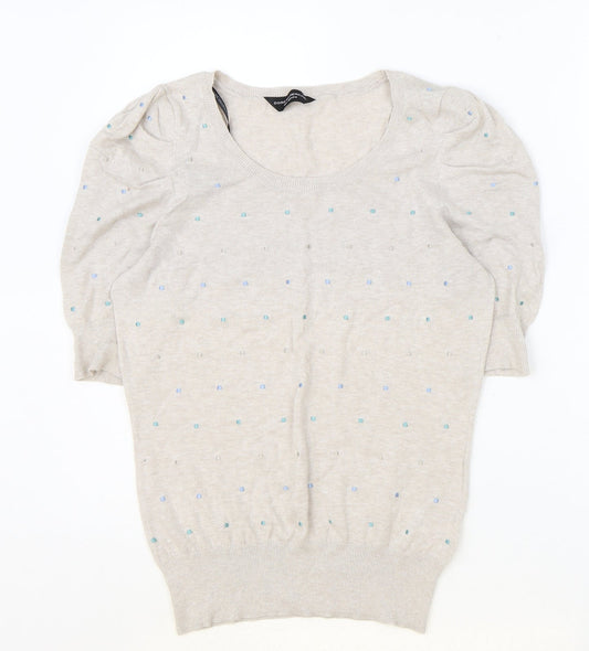 Dorothy Perkins Womens Beige Polka Dot Cotton Basic T-Shirt Size 12 Round Neck