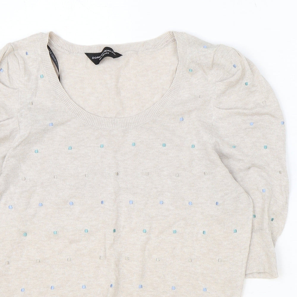 Dorothy Perkins Womens Beige Polka Dot Cotton Basic T-Shirt Size 12 Round Neck