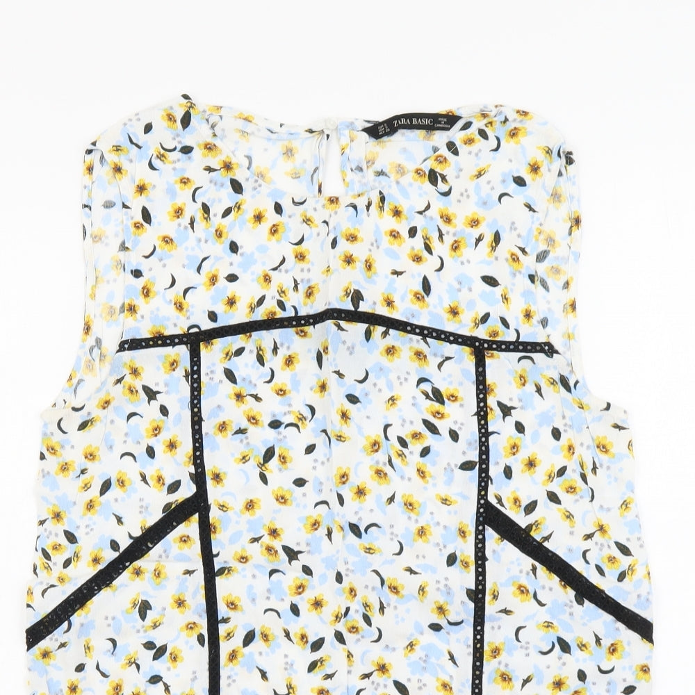 Zara Womens Blue Floral Viscose Basic Tank Size S Boat Neck