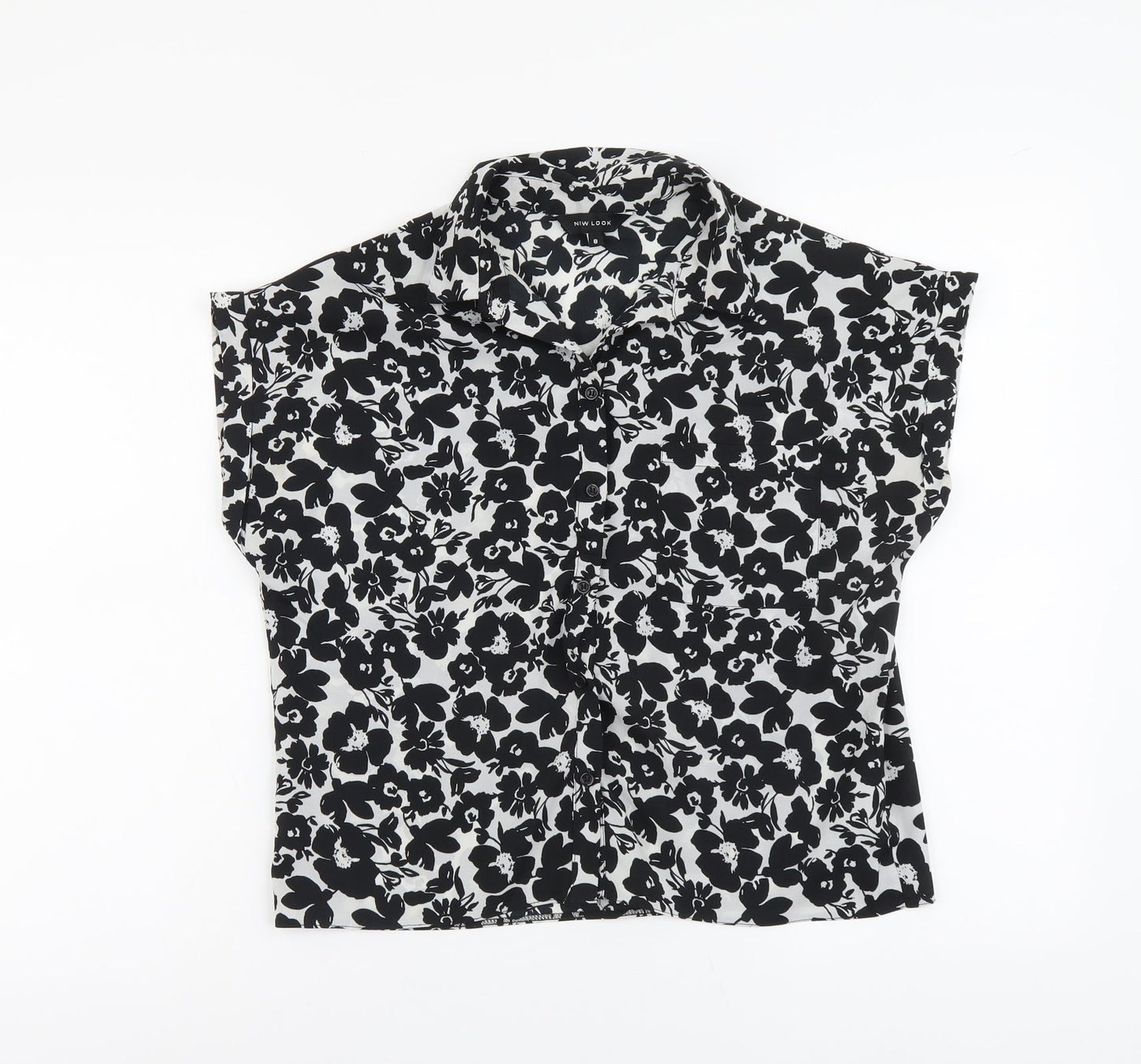 New Look Womens Black Floral Polyester Basic Button-Up Size 8 Collared