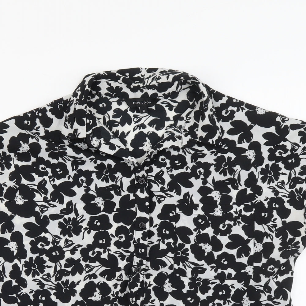 New Look Womens Black Floral Polyester Basic Button-Up Size 8 Collared