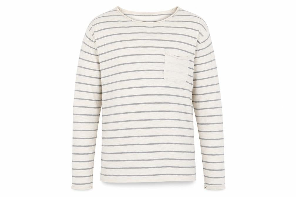 River Island Mens Beige Round Neck Striped Cotton Pullover Jumper Size M Long Sleeve