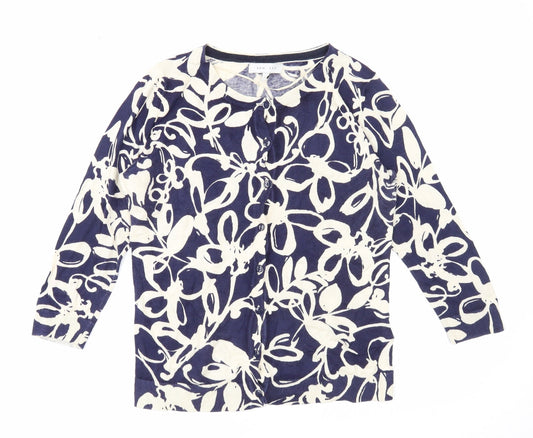 Kew 159 Womens Blue Round Neck Floral Cotton Cardigan Jumper Size S