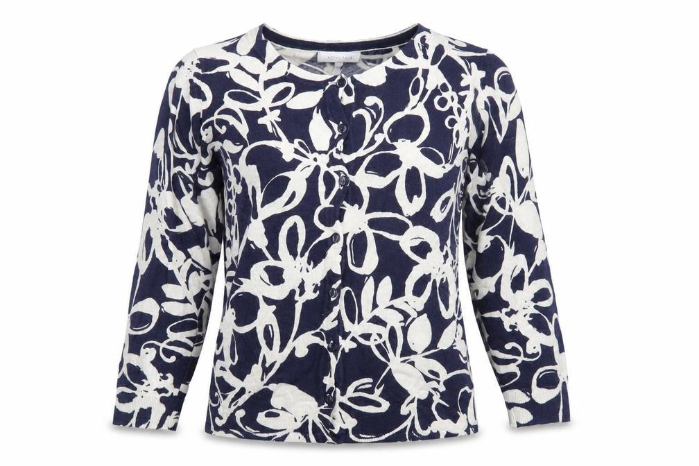 Kew 159 Womens Blue Round Neck Floral Cotton Cardigan Jumper Size S