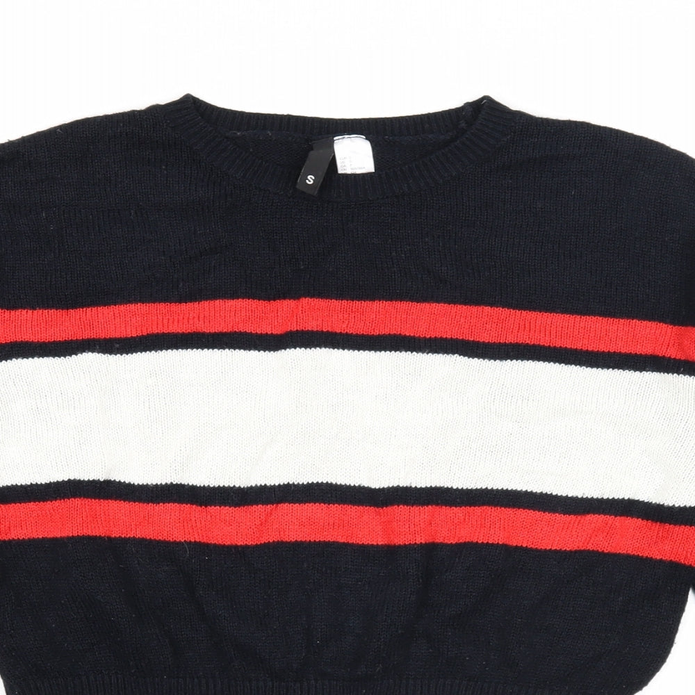 Divided Womens Black Round Neck Striped Acrylic Pullover Jumper Size S