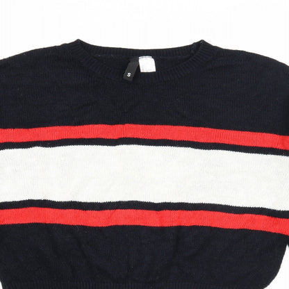 Divided Womens Black Round Neck Striped Acrylic Pullover Jumper Size S