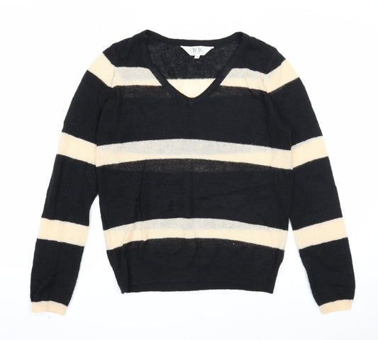 Nine Womens Black V-Neck Striped Acrylic Pullover Jumper Size 10