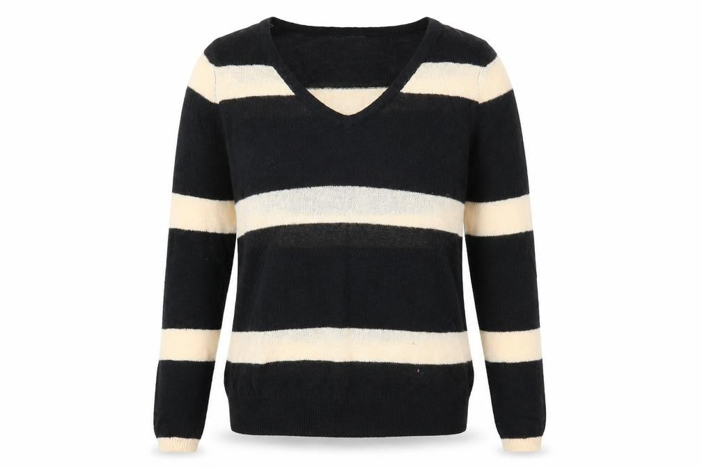 Nine Womens Black V-Neck Striped Acrylic Pullover Jumper Size 10