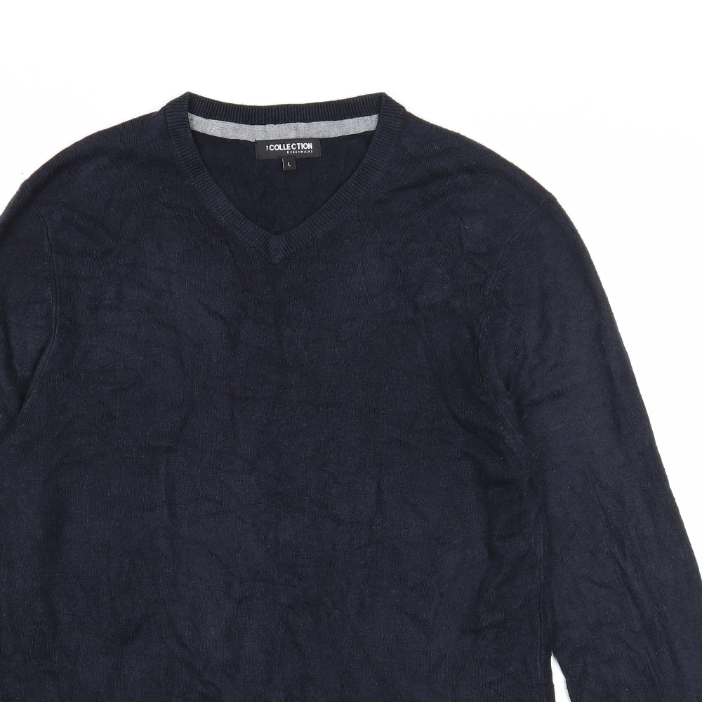 Debenhams Mens Blue V-Neck Acrylic Pullover Jumper Size L Long Sleeve