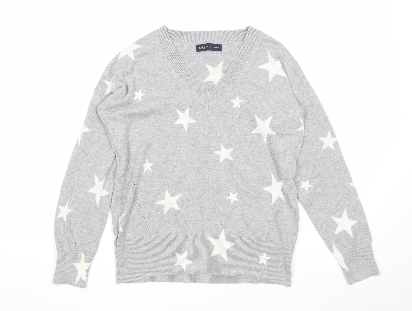 Marks and Spencer Womens Grey V-Neck Geometric Cotton Pullover Jumper Size S - Stars