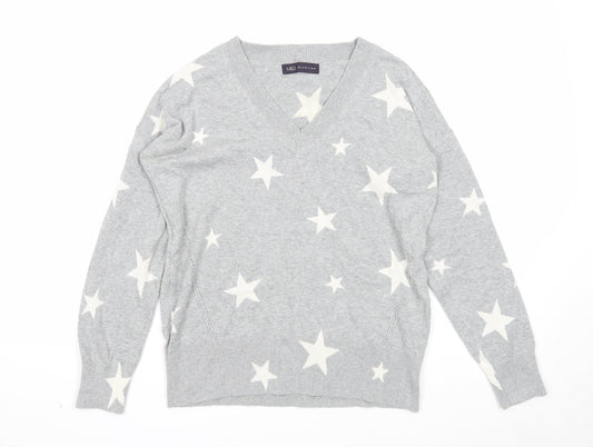 Marks and Spencer Womens Grey V-Neck Geometric Cotton Pullover Jumper Size S - Stars
