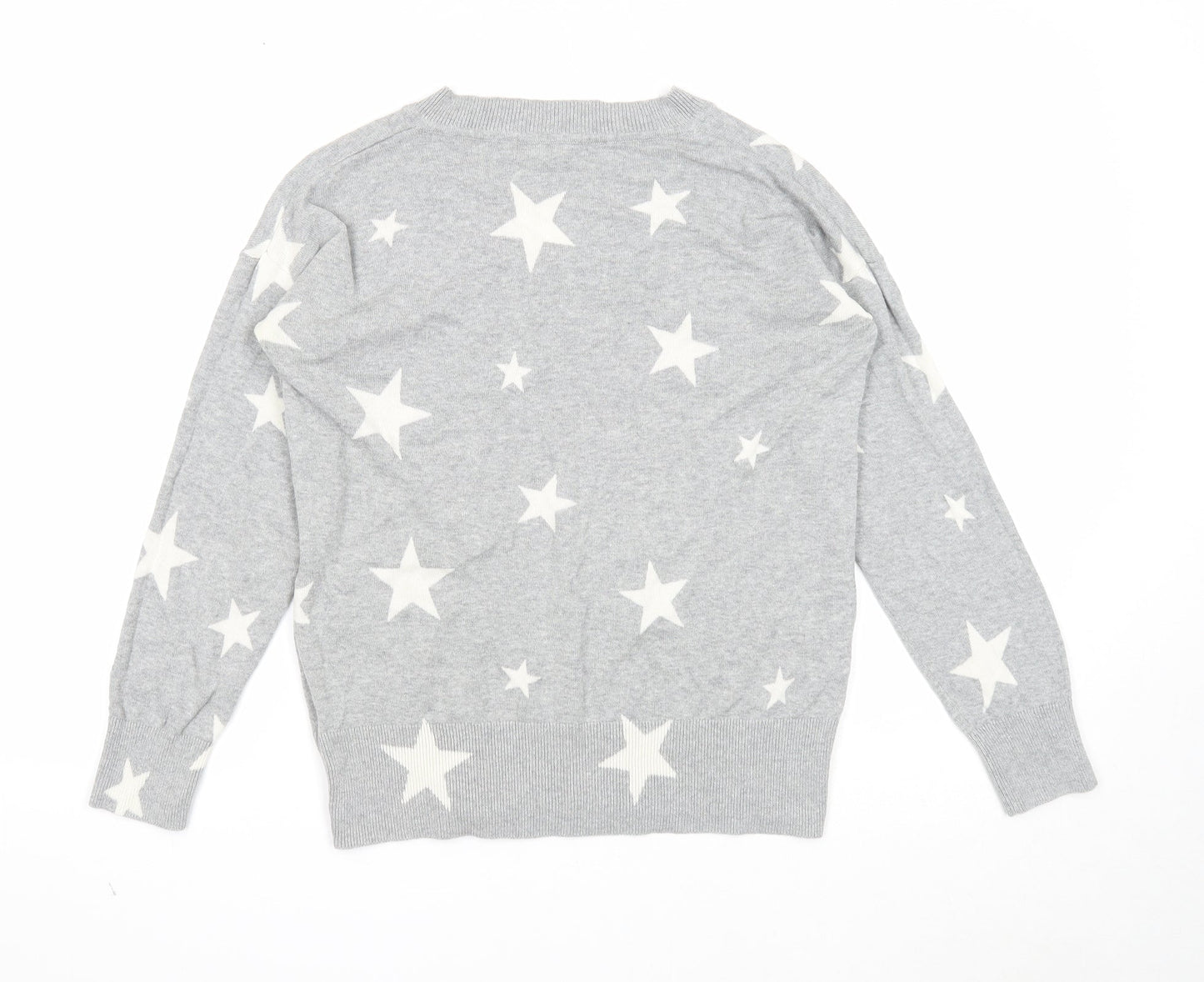Marks and Spencer Womens Grey V-Neck Geometric Cotton Pullover Jumper Size S - Stars