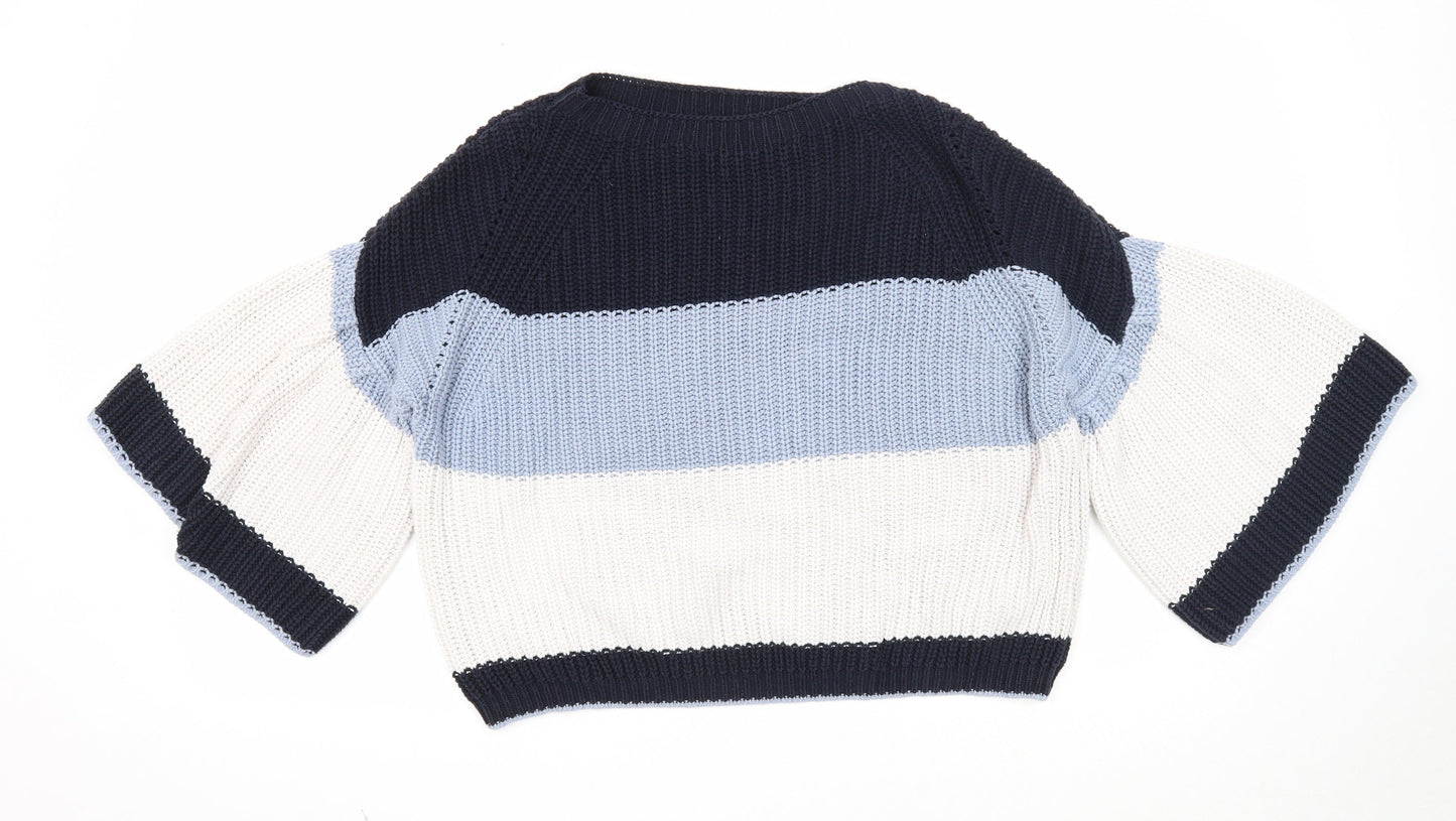 Marks and Spencer Womens Blue Round Neck Striped Cotton Pullover Jumper Size M - Cropped