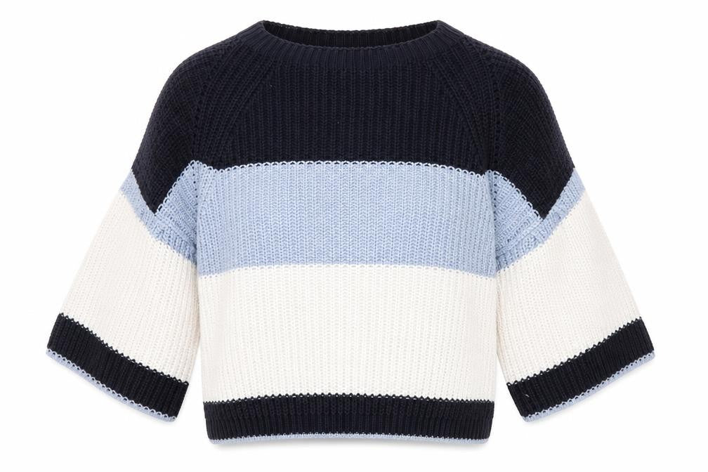 Marks & Spencer Womens Blue Round Neck Striped Cotton Pullover Jumper Size M - Cropped
