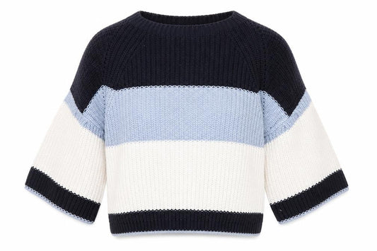 Marks & Spencer Womens Blue Round Neck Striped Cotton Pullover Jumper Size M - Cropped