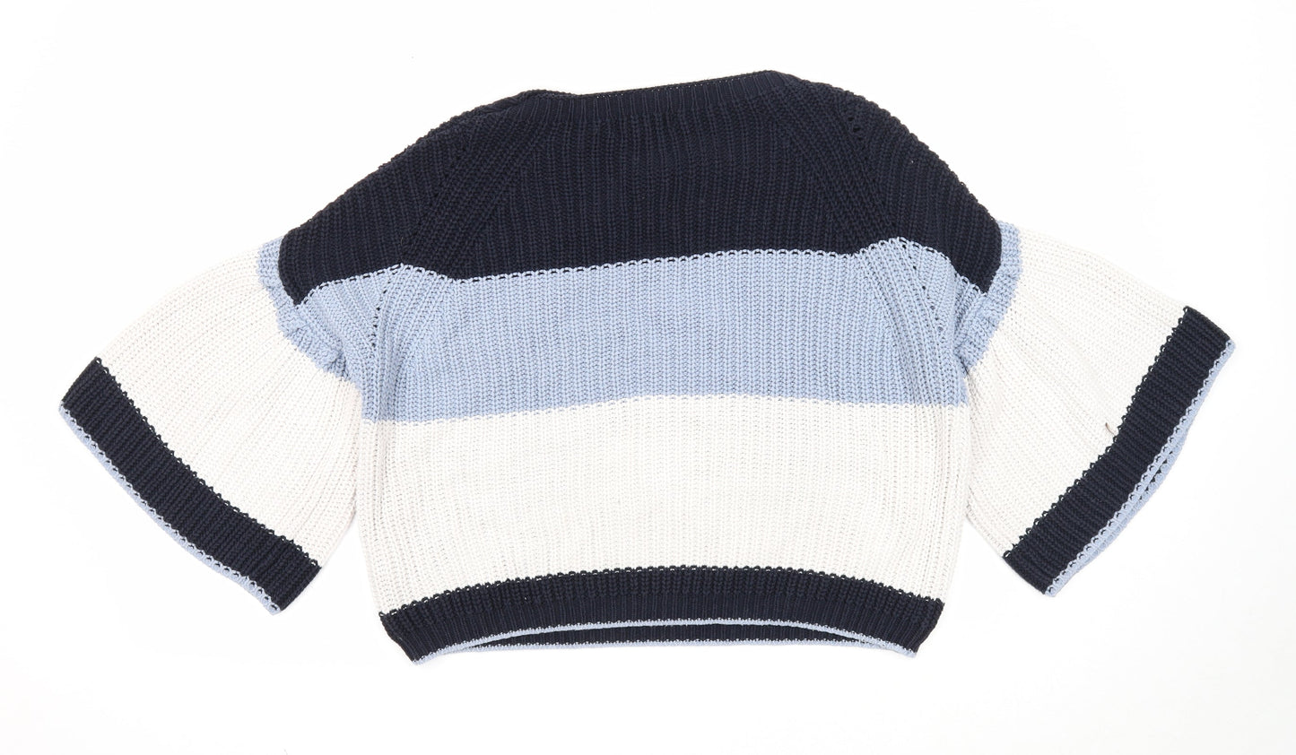 Marks and Spencer Womens Blue Round Neck Striped Cotton Pullover Jumper Size M - Cropped