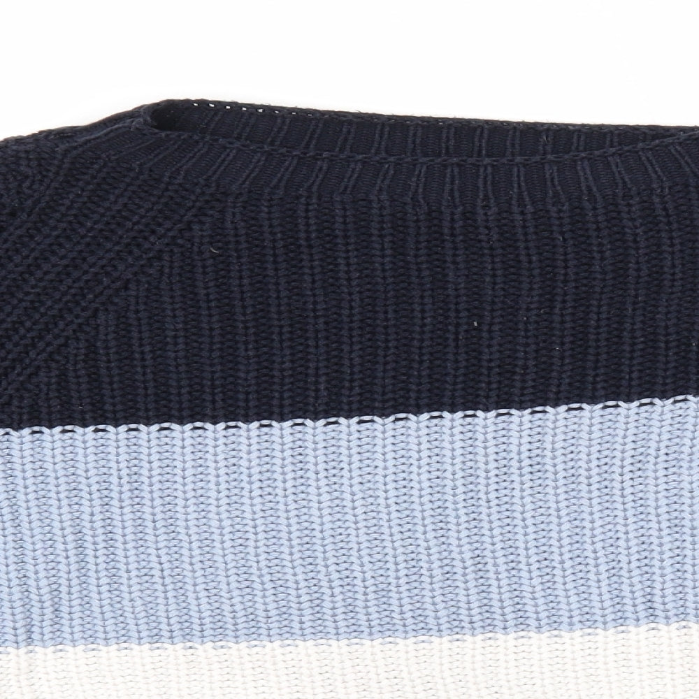 Marks and Spencer Womens Blue Round Neck Striped Cotton Pullover Jumper Size M - Cropped