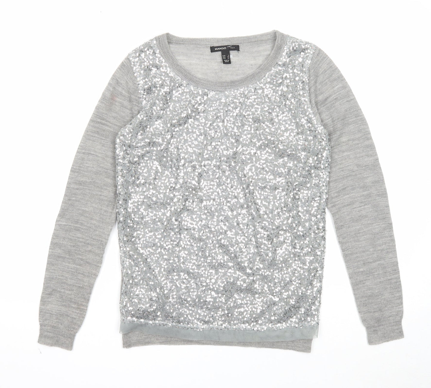Mango Womens Grey Round Neck Geometric Acrylic Pullover Jumper Size S