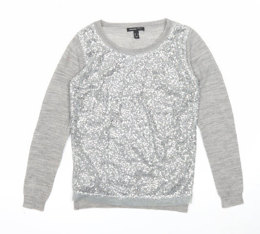 Mango Womens Grey Round Neck Geometric Acrylic Pullover Jumper Size S