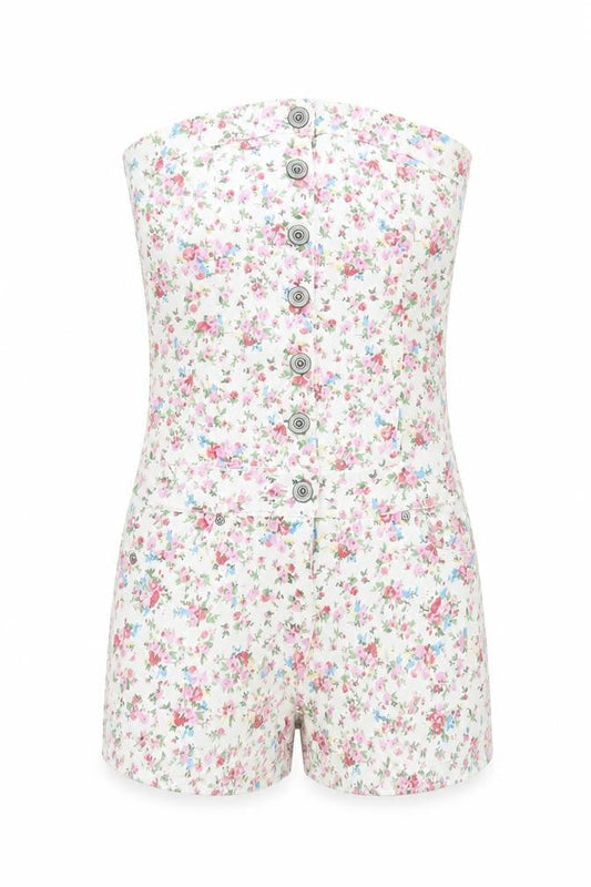 Yes Yes Womens White Floral Cotton Playsuit One-Piece Size 10 Button