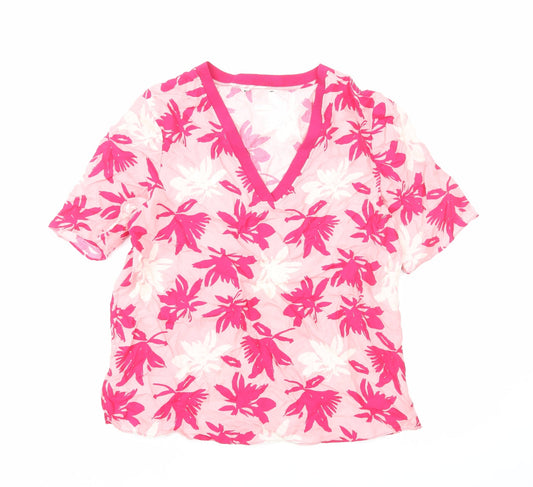 Preworn Womens Pink Floral Polyester Basic T-Shirt Size M V-Neck