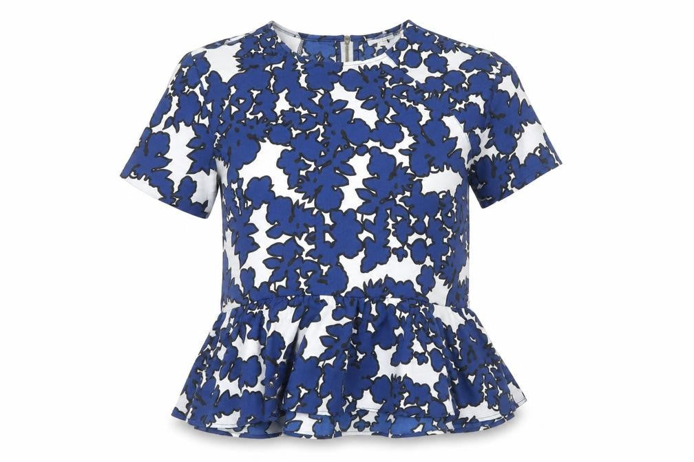 River Island Womens Blue Floral Polyester Basic T-Shirt Size 8 Scoop Neck - Peplum