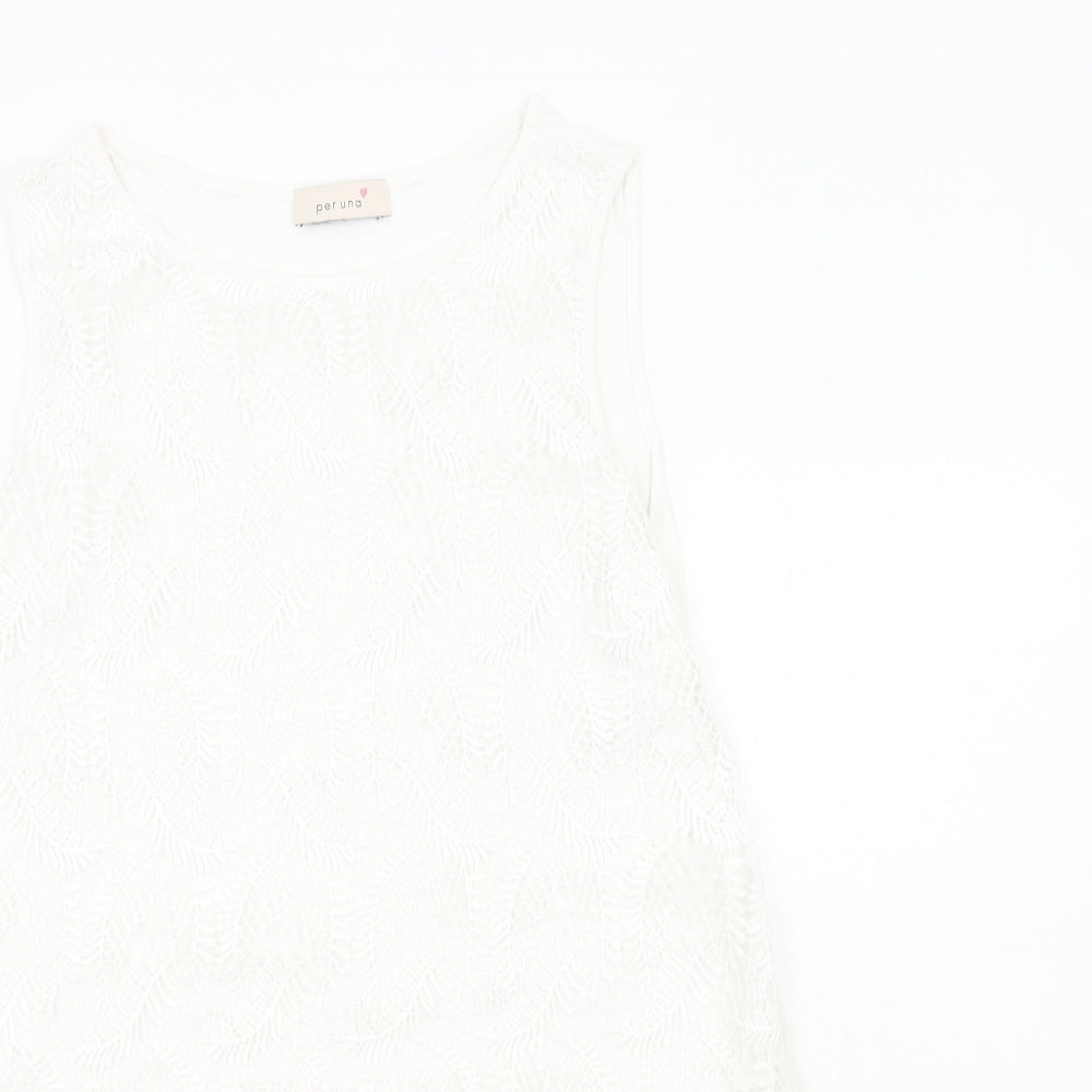 Per Una Womens White Geometric Polyester Basic Tank Size M Round Neck