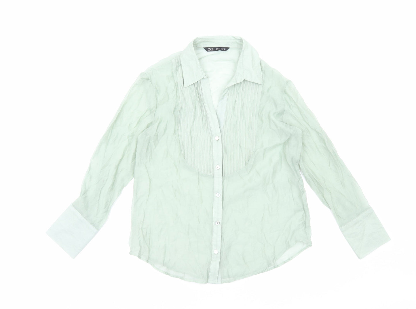Zara Womens Green Polyester Basic Button-Up Size S V-Neck