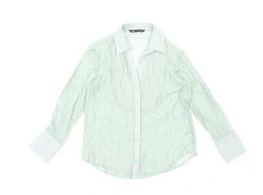 Zara Womens Green Polyester Basic Button-Up Size S V-Neck