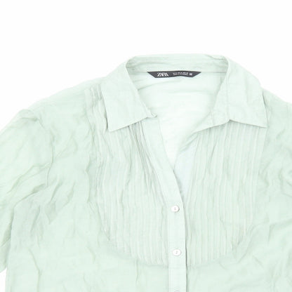 Zara Womens Green Polyester Basic Button-Up Size S V-Neck