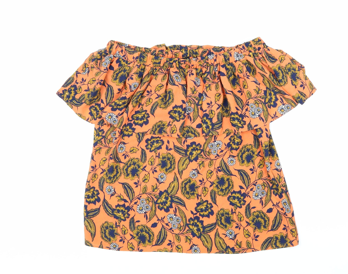 Peacocks Womens Orange Floral Polyester Basic Blouse Size 8 Off the Shoulder - Bardot