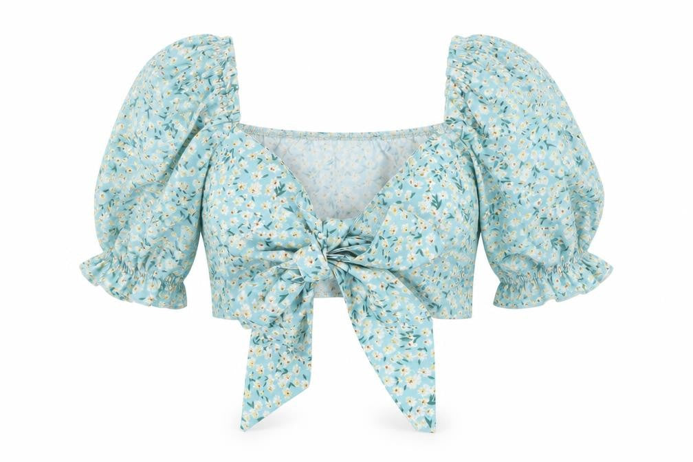 SHEIN Womens Blue Floral Polyester Cropped Blouse Size S Sweetheart - Puff Sleeve Tie Front