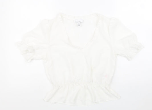 Topshop Womens White Polyester Cropped T-Shirt Size 8 V-Neck