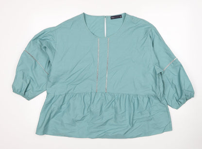 Marks & Spencer Womens Blue Cotton Basic Blouse Size 16 Round Neck - Contrast Stitching