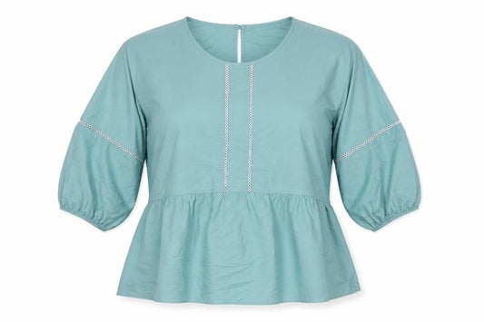 Marks and Spencer Womens Blue Cotton Basic Blouse Size 16 Round Neck - Contrast Stitching