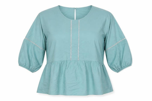 Marks and Spencer Womens Blue Cotton Basic Blouse Size 16 Round Neck - Contrast Stitching