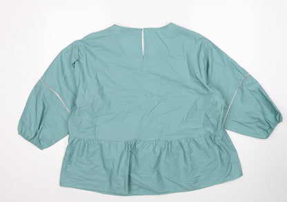Marks & Spencer Womens Blue Cotton Basic Blouse Size 16 Round Neck - Contrast Stitching