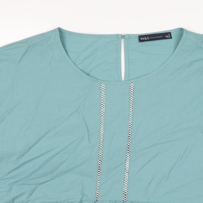 Marks & Spencer Womens Blue Cotton Basic Blouse Size 16 Round Neck - Contrast Stitching