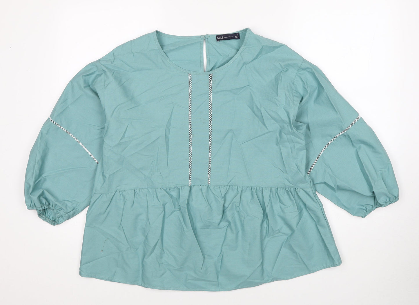Marks and Spencer Womens Blue Cotton Basic Blouse Size 12 Boat Neck