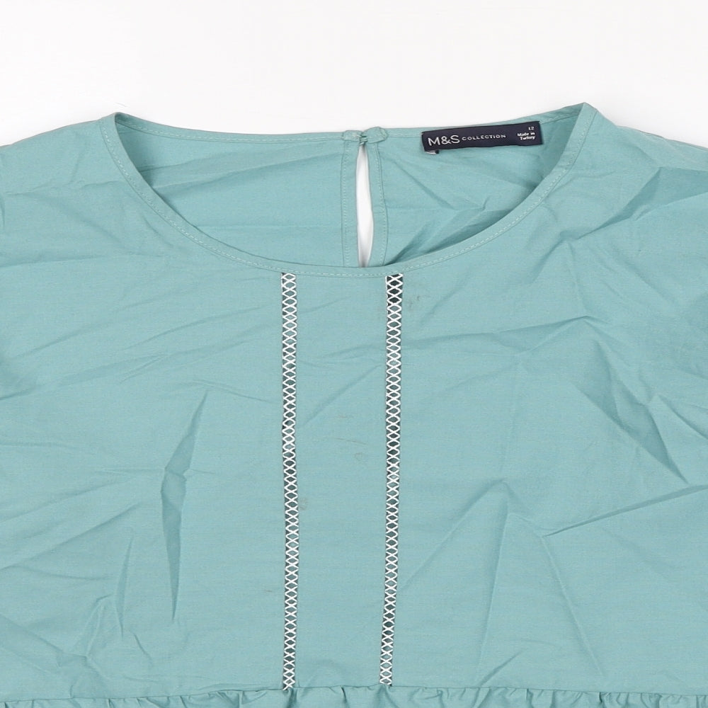 Marks and Spencer Womens Blue Cotton Basic Blouse Size 12 Boat Neck