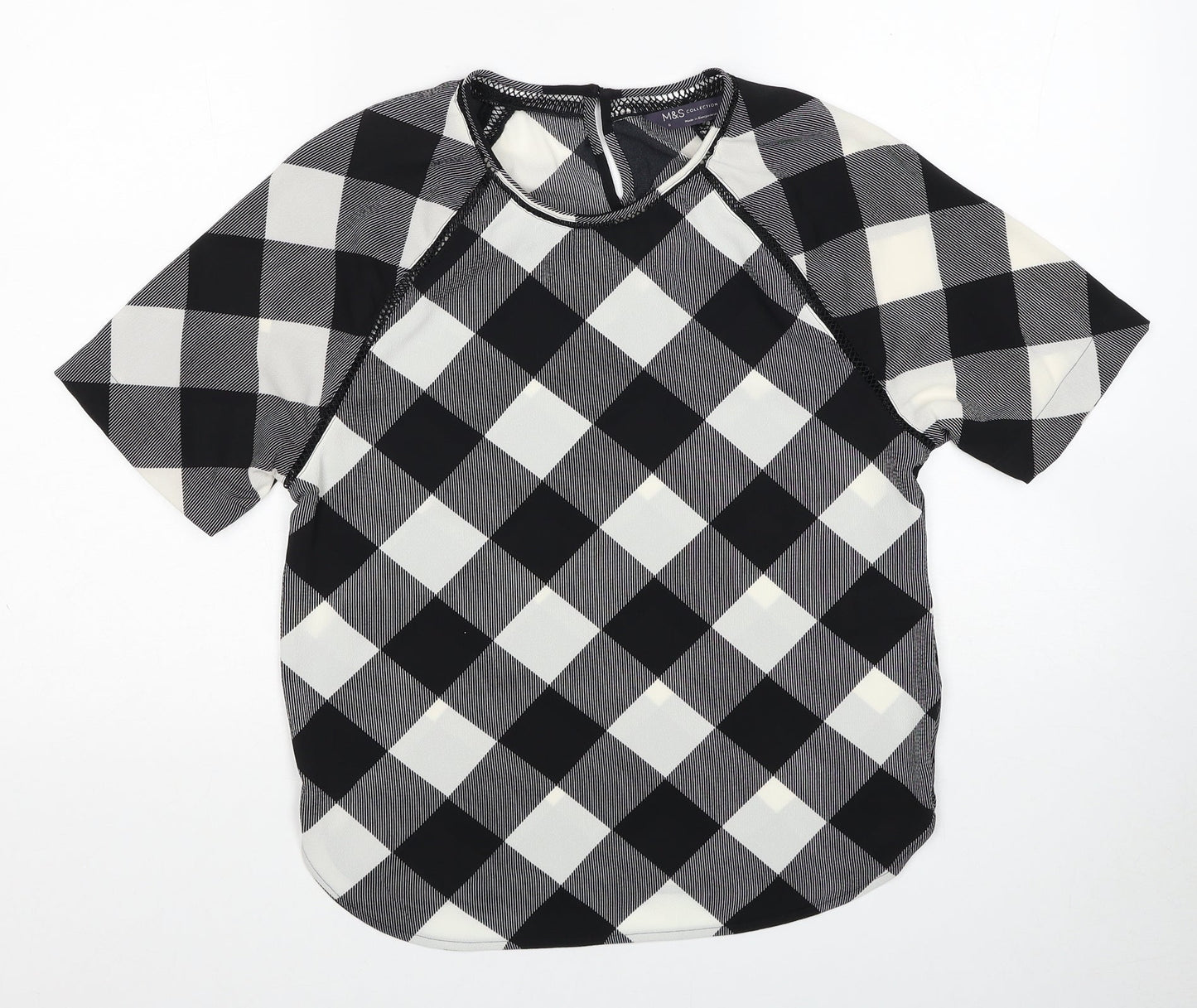 Marks and Spencer Womens Black Geometric Polyester Basic Blouse Size 6 Round Neck