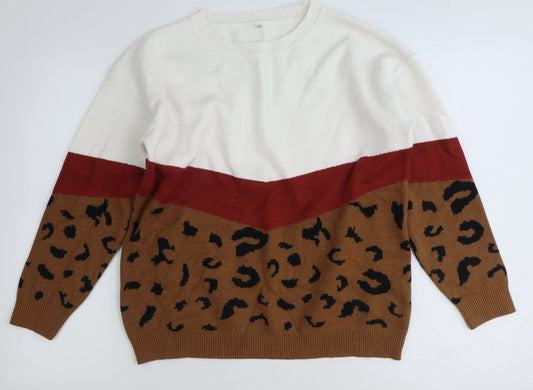 Preworn Womens White Round Neck Animal Print Cotton Pullover Jumper Size L