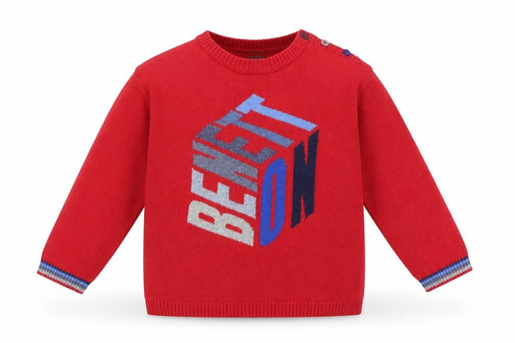 United Colors of Benetton Benneton Boys Red Cotton Pullover Jumper Size 12-18 Months Button