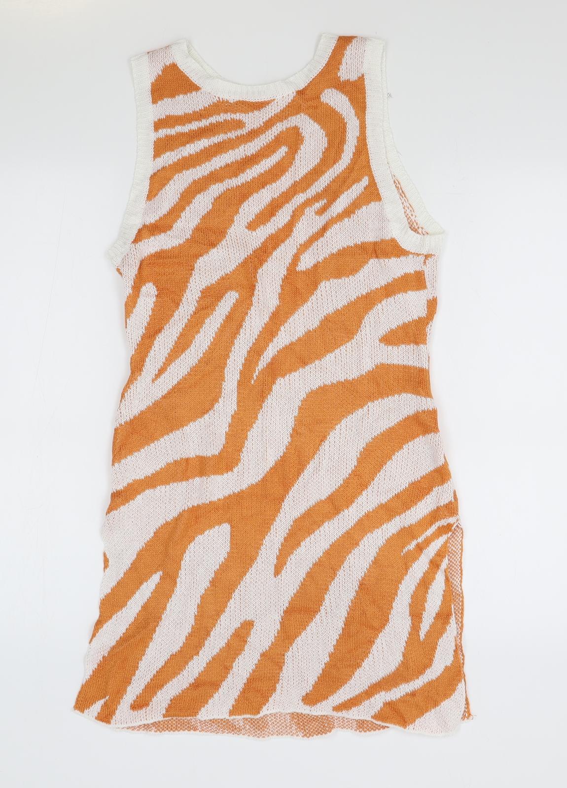 Preworn Womens Orange Animal Print Viscose Tank Dress Size M Boat Neck Pullover - Zebra Print