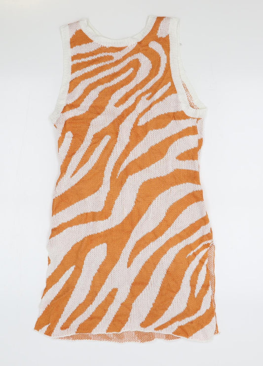 Preworn Womens Orange Animal Print Viscose Tank Dress Size M Boat Neck Pullover - Zebra Print